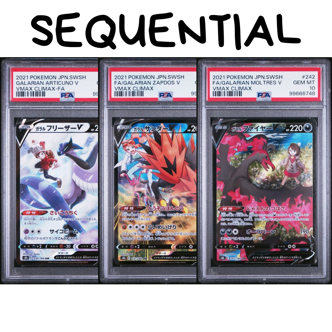 PSA 10 - Sequential Galarian Articuno V, Galarian Zapdos V, Galarian Moltres V - VMAX Climax - Japanisch