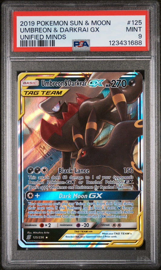 PSA 9 – Umbreon & Darkrai GX #125 (2019 Pokémon Sonne & Mond: Unified Minds) (dB)