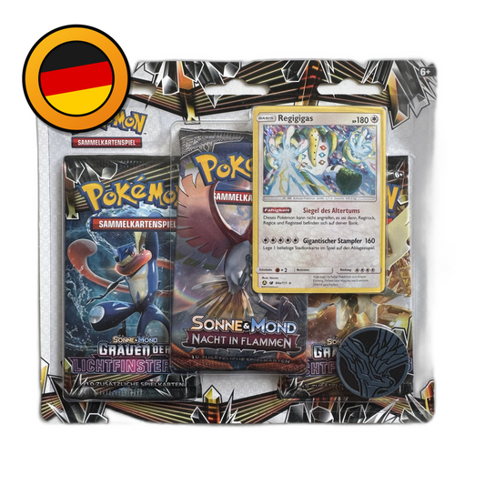Pokémon TCG: Sonne & Mond – Grauen der Lichtfinsternis 3-Pack Blister – Regigigas Promo (Deutsch)