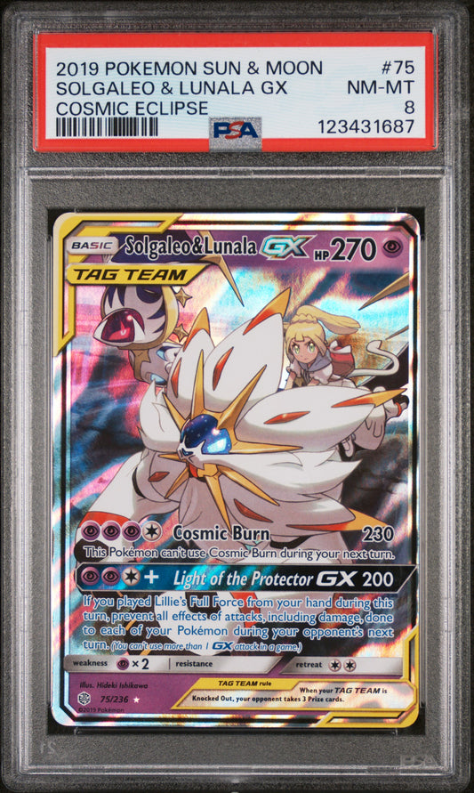 PSA 8 – Solgaleo & Lunala GX #75 (2019 Pokémon Sonne & Mond: Cosmic Eclipse) (dB) - PokéPrinz