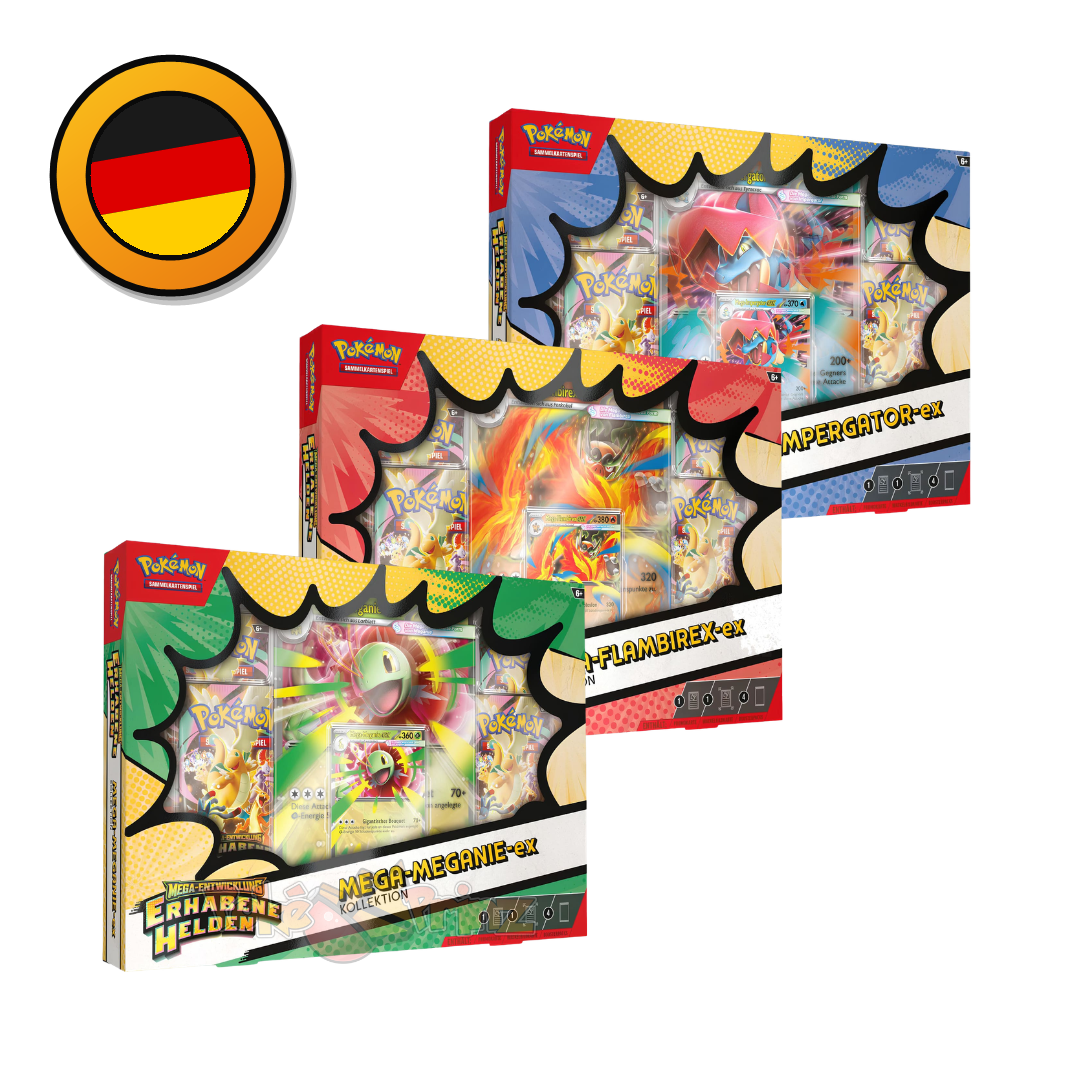 Pokémon Erhabene Helden: Mega-ex-Kollektion – Mega-Flambirex-ex / Mega-Impergator-ex / Mega-Meganie-ex | OVP - PokéPrinz